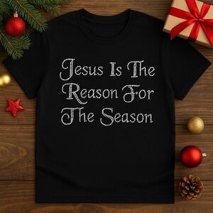 🎄 Jesus Is The Reason For The Season Rhinestone Tee – Black T-Shirt
